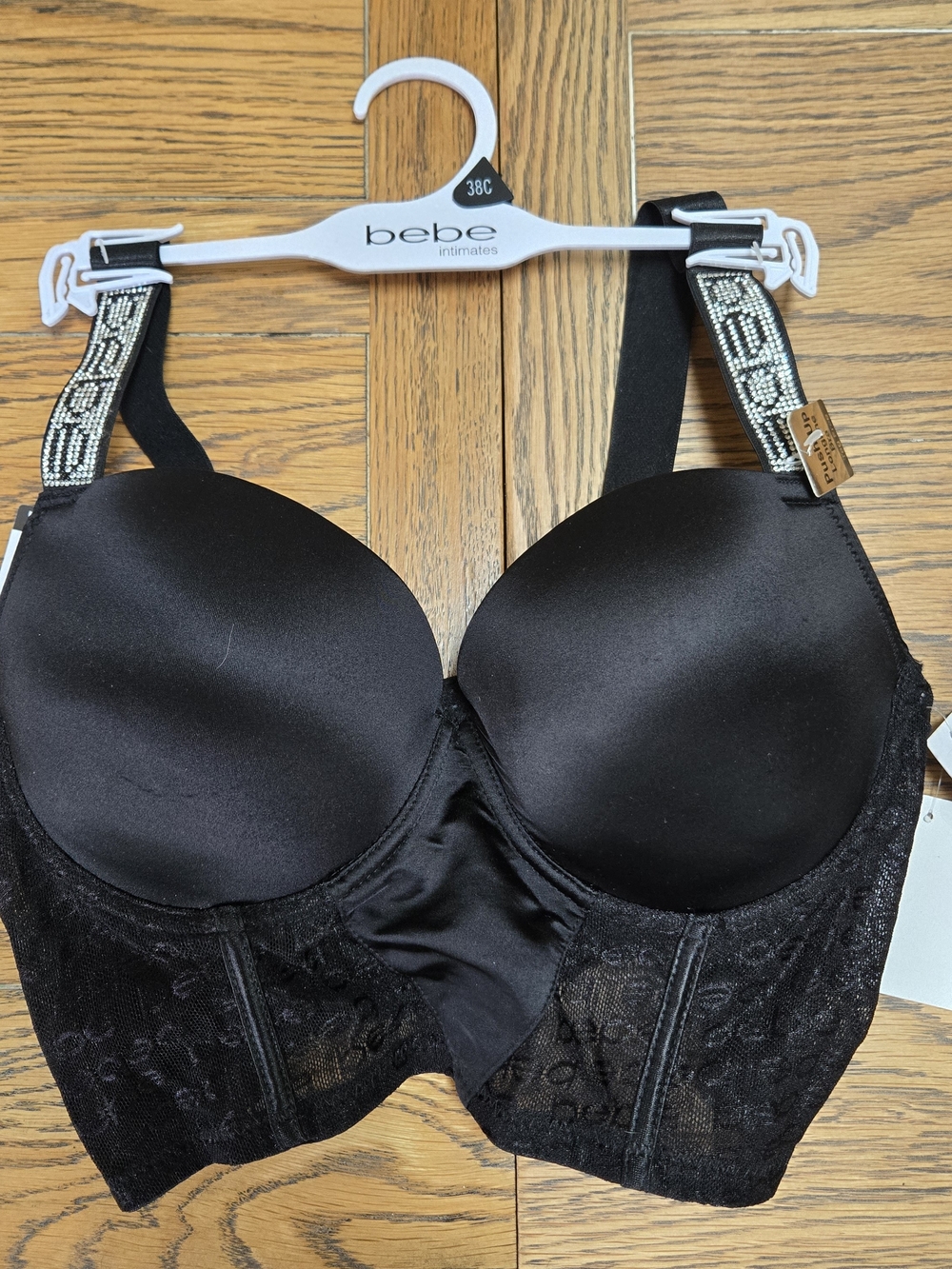 bebe Black Embellished Strap Lace Longline Bra